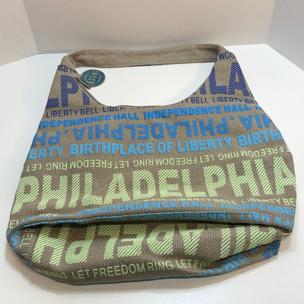 Robin Ruth Philadelphia Hobo Bag‎ Canvas Blue Green Tan Patriotic All Over Print